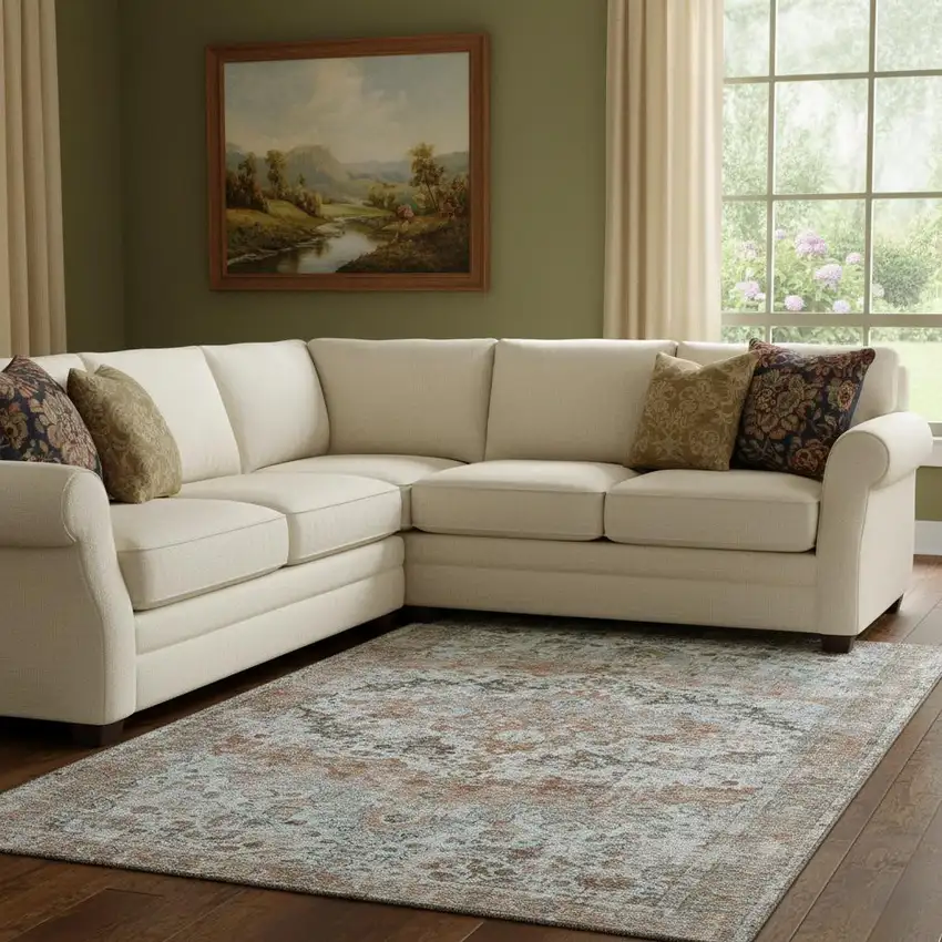 Rust And Beige Oriental Washable Area Rug With UV Protection Photo 2