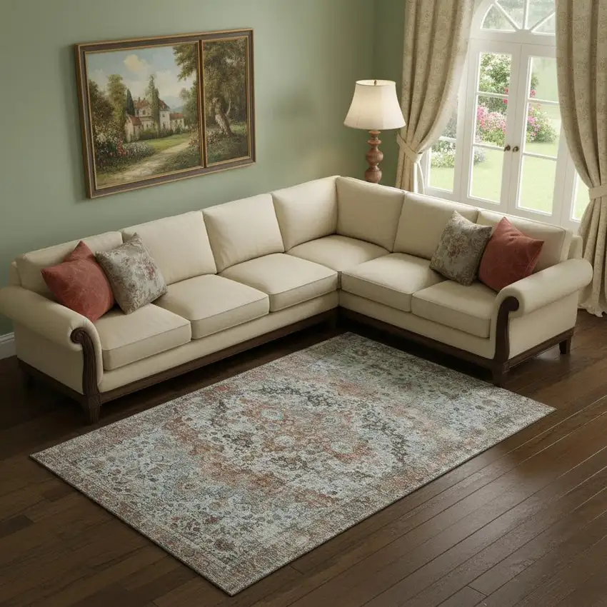 Rust And Beige Oriental Washable Area Rug With UV Protection Photo 2