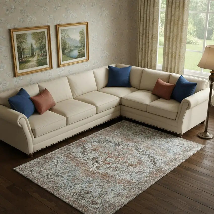 Rust And Beige Oriental Washable Area Rug With UV Protection Photo 2