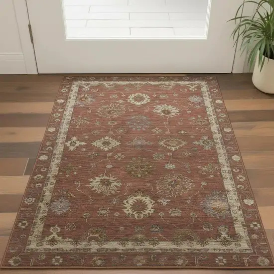 Rust And Beige Oriental Washable Area Rug With UV Protection Photo 2