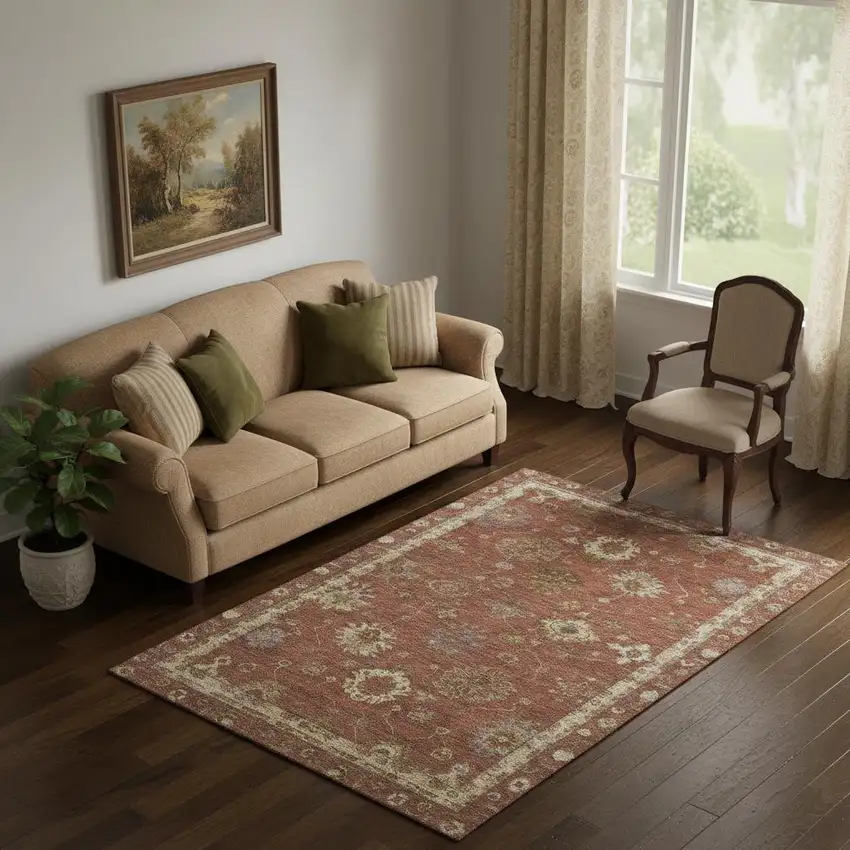 Rust And Beige Oriental Washable Area Rug With UV Protection Photo 2