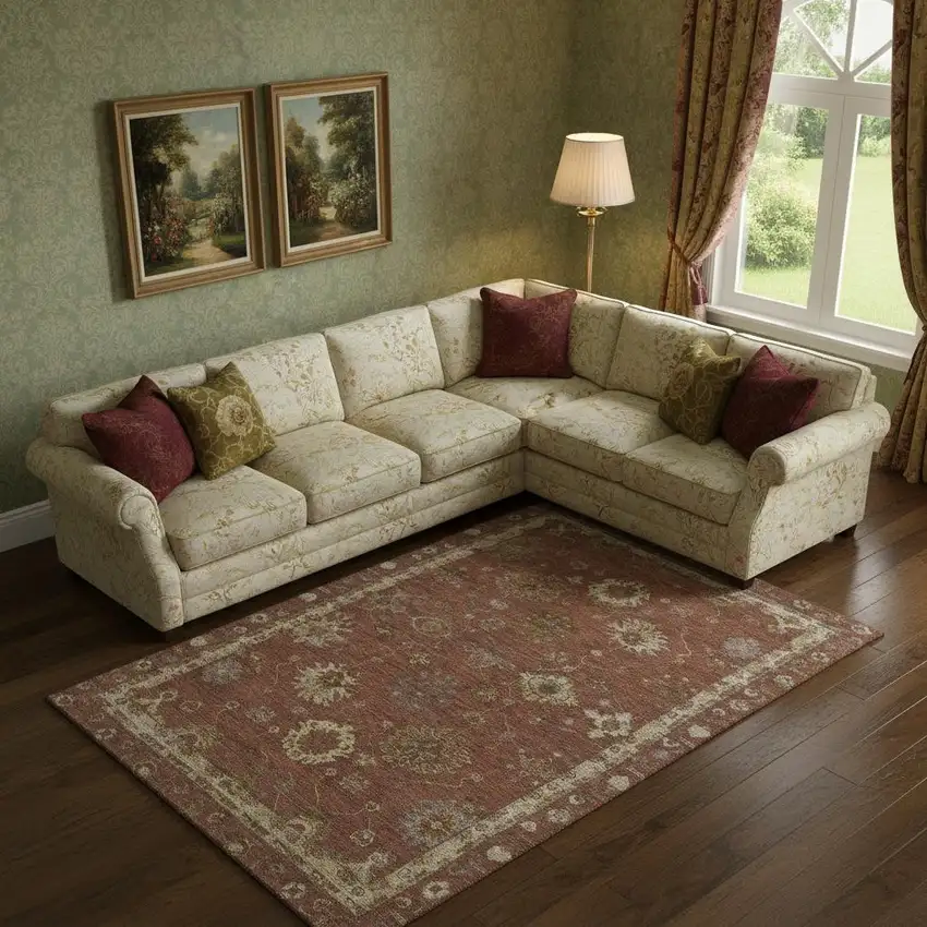 Rust And Beige Oriental Washable Area Rug With UV Protection Photo 2