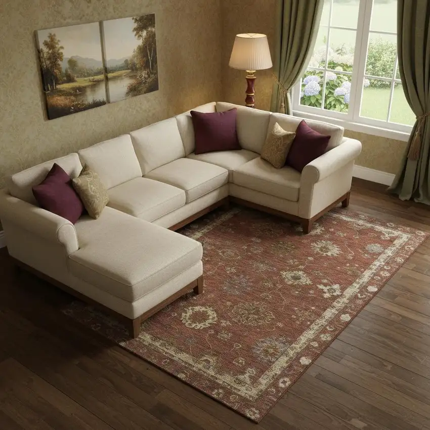 Rust And Beige Oriental Washable Area Rug With UV Protection Photo 2