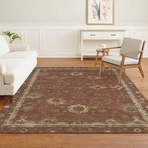Photo of Rust And Beige Oriental Washable Area Rug With UV Protection