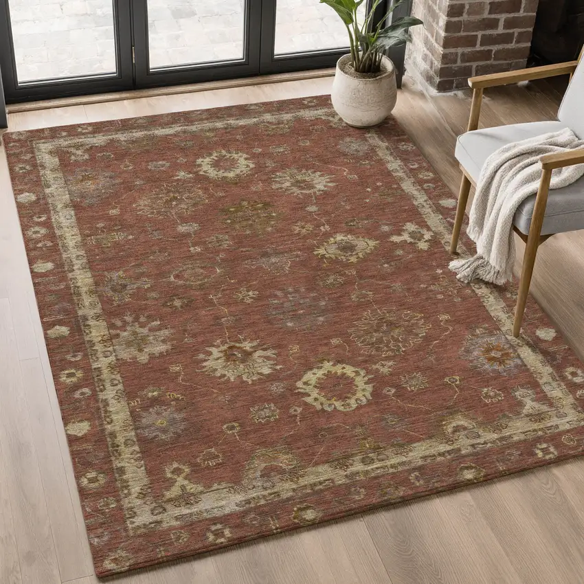 Rust And Beige Oriental Washable Area Rug With UV Protection Photo 5