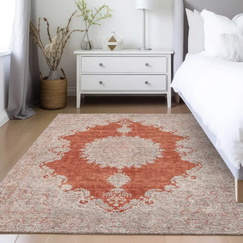 Rust And Beige Oriental Washable Indoor Outdoor Area Rug Photo 9