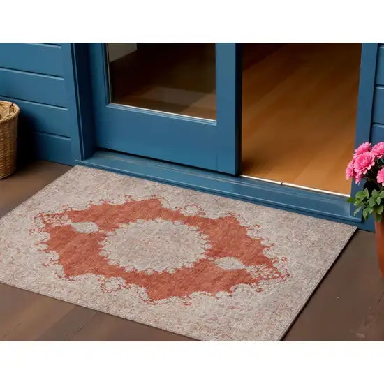 Rust And Beige Oriental Washable Indoor Outdoor Area Rug Photo 1