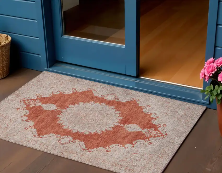 Rust And Beige Oriental Washable Indoor Outdoor Area Rug Photo 1