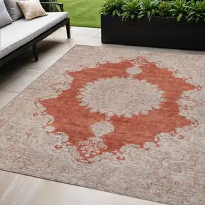 Photo of Rust And Beige Oriental Washable Indoor Outdoor Area Rug