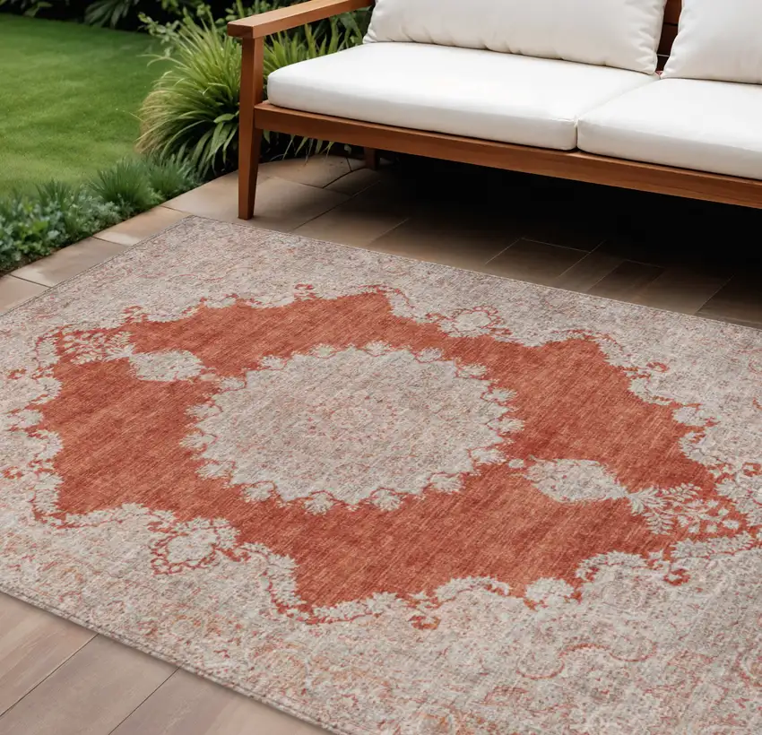 Rust And Beige Oriental Washable Indoor Outdoor Area Rug Photo 1
