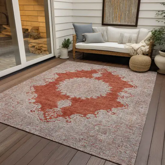 Rust And Beige Oriental Washable Indoor Outdoor Area Rug Photo 8