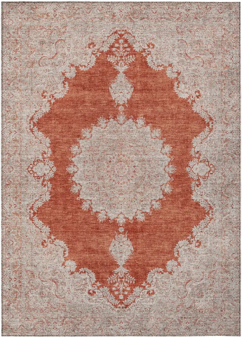 Rust And Beige Oriental Washable Indoor Outdoor Area Rug Photo 2