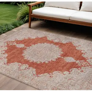 Photo of Rust And Beige Oriental Washable Indoor Outdoor Area Rug