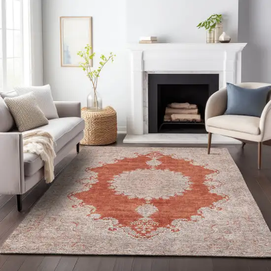 Rust And Beige Oriental Washable Indoor Outdoor Area Rug Photo 9