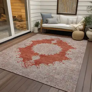 Photo of Rust And Beige Oriental Washable Indoor Outdoor Area Rug