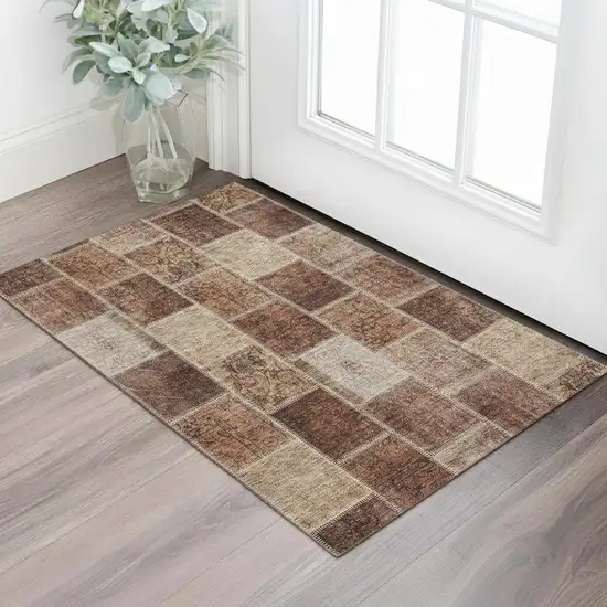 Rust And Beige Patchwork Washable Area Rug With UV Protection Photo 1