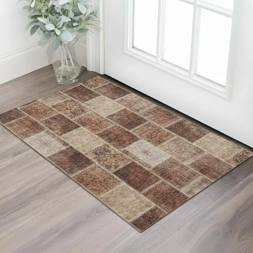 Rust And Beige Patchwork Washable Area Rug With UV Protection Photo 1