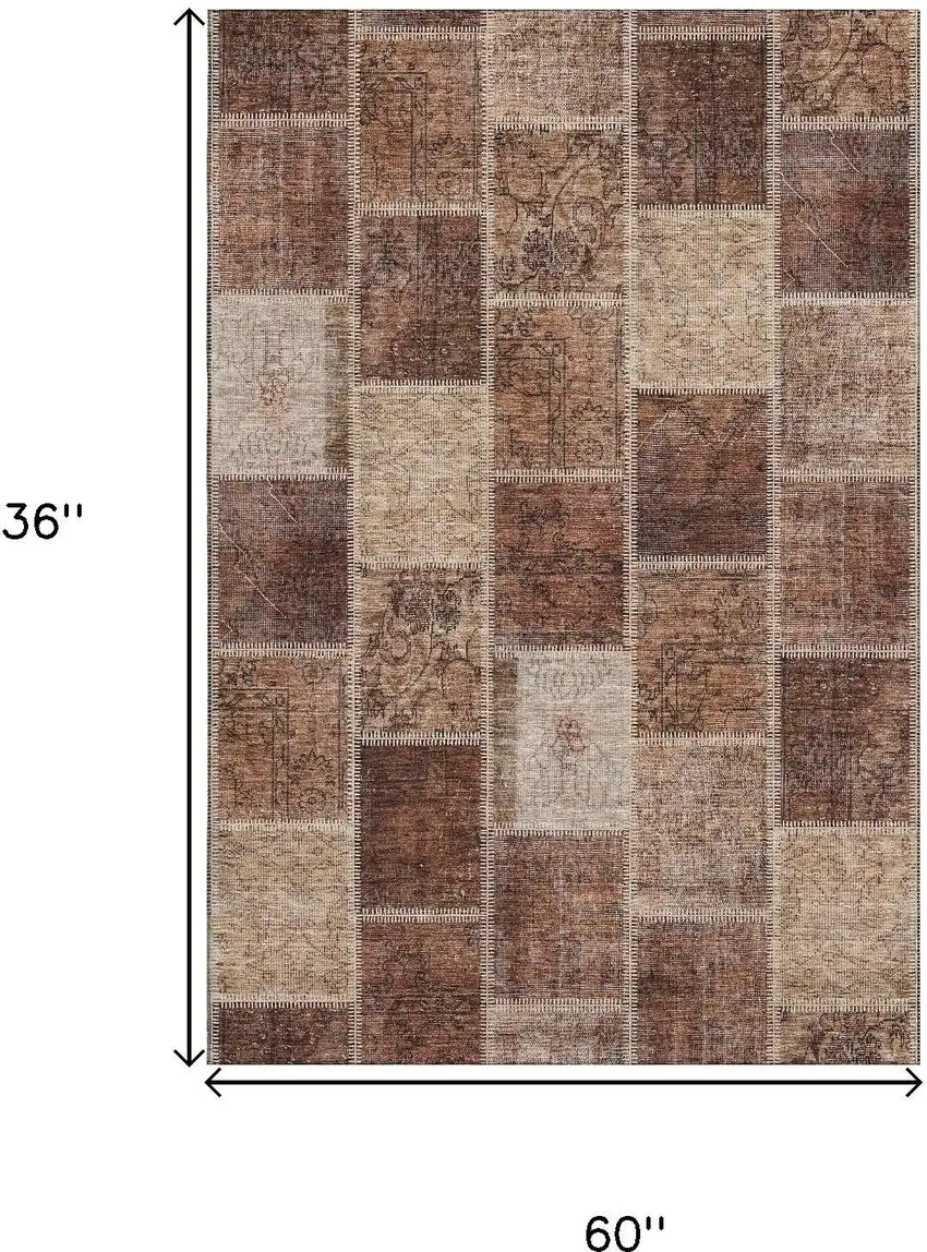 Rust And Beige Patchwork Washable Area Rug With UV Protection Photo 3