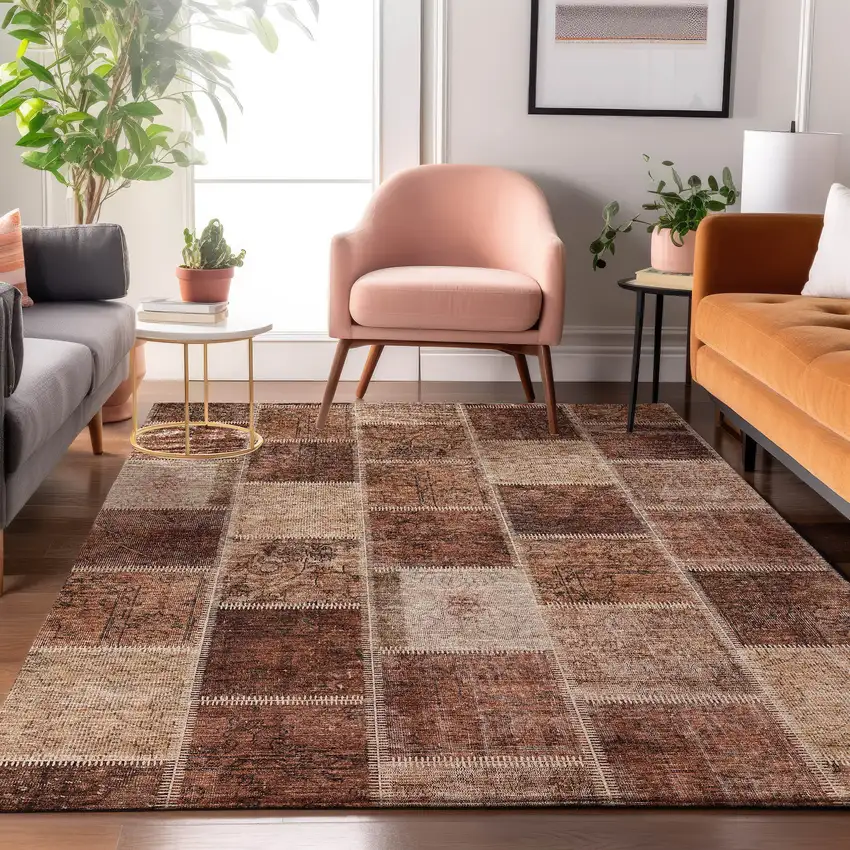 Rust And Beige Patchwork Washable Area Rug With UV Protection Photo 2