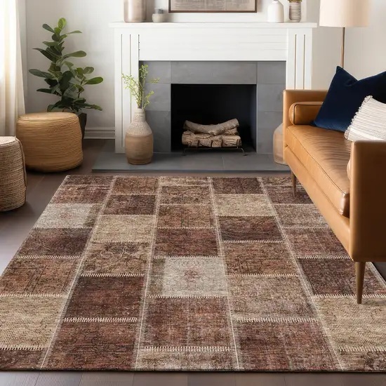 Rust And Beige Patchwork Washable Area Rug With UV Protection Photo 1