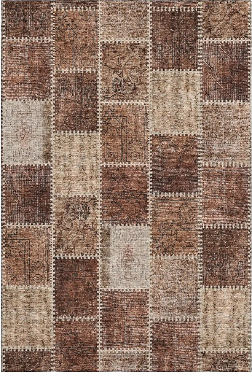 Rust And Beige Patchwork Washable Area Rug With UV Protection Photo 3