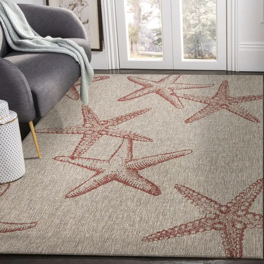 Rust And Beige Starfish Square Rug Photo 8