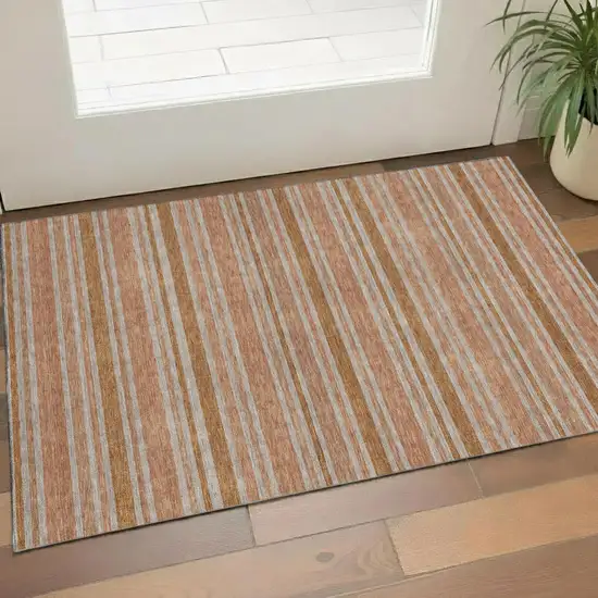 Rust And Beige Striped Washable Area Rug With UV Protection Photo 1