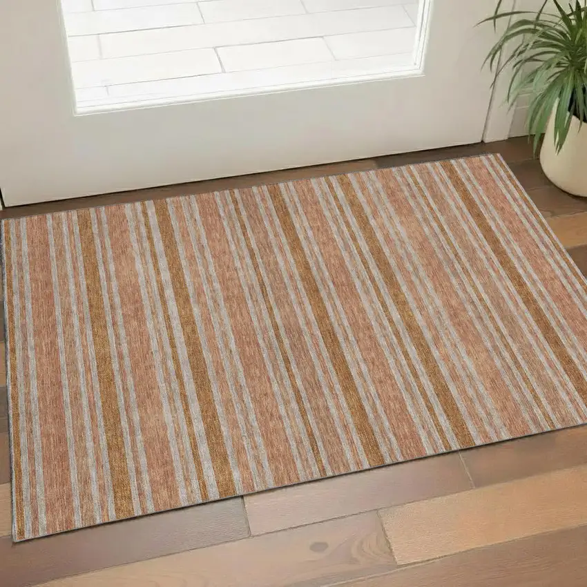 Rust And Beige Striped Washable Area Rug With UV Protection Photo 1