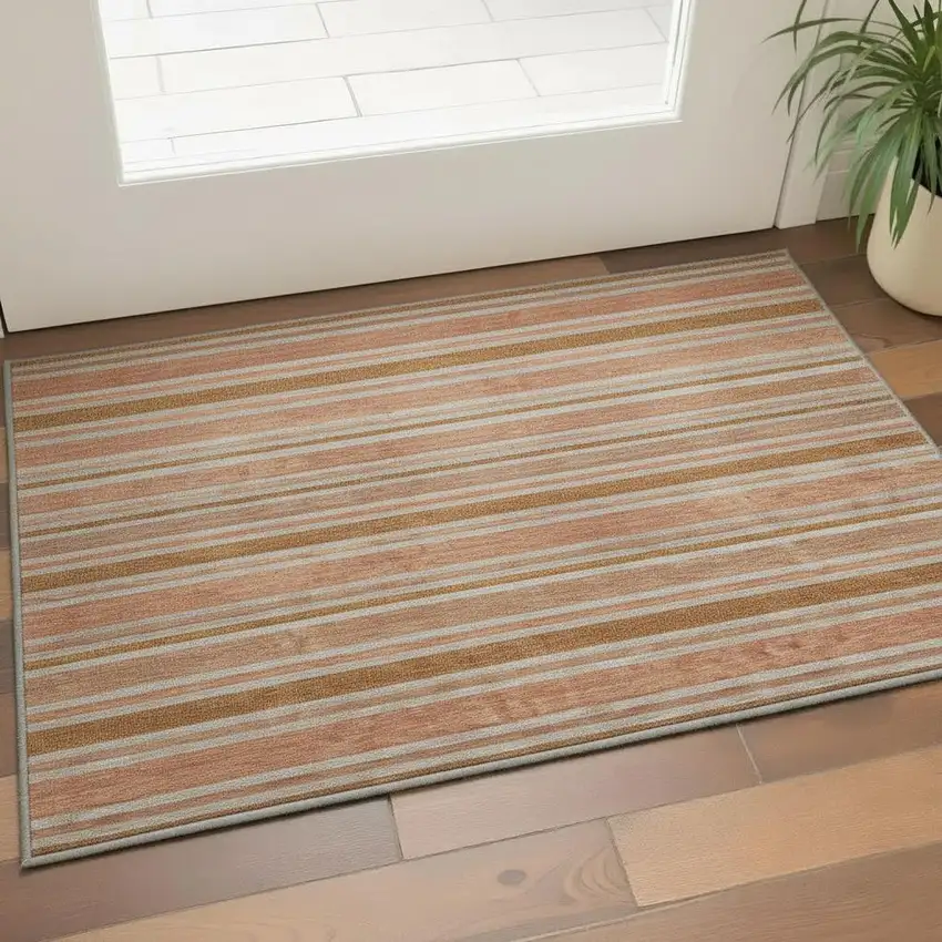 Rust And Beige Striped Washable Area Rug With UV Protection Photo 2