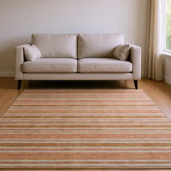 Rust And Beige Striped Washable Area Rug With UV Protection Photo 2