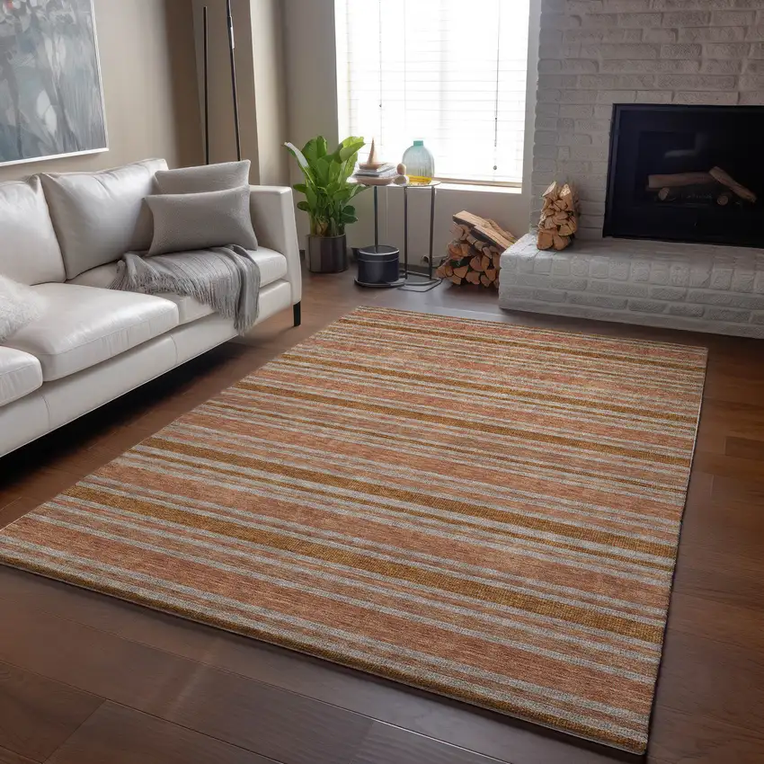 Rust And Beige Striped Washable Area Rug With UV Protection Photo 6