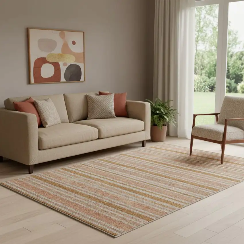 Rust And Beige Striped Washable Area Rug With UV Protection Photo 1