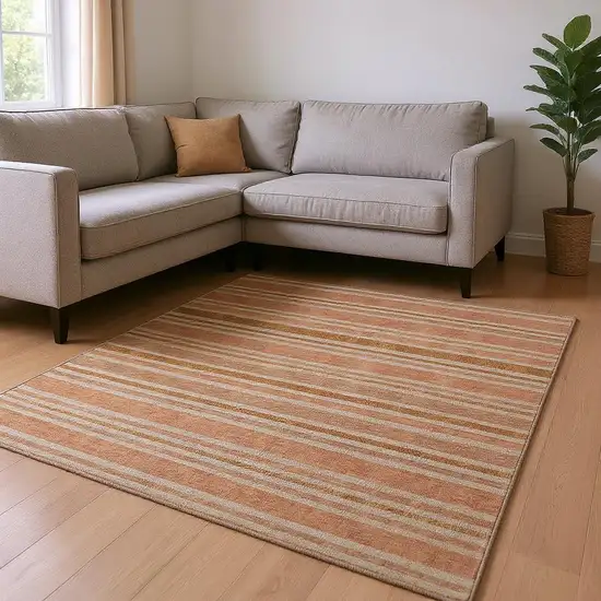 Rust And Beige Striped Washable Area Rug With UV Protection Photo 2