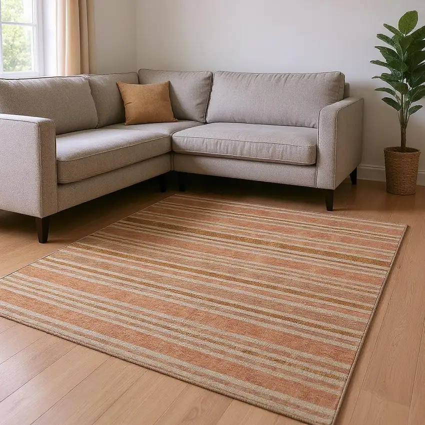 Rust And Beige Striped Washable Area Rug With UV Protection Photo 2