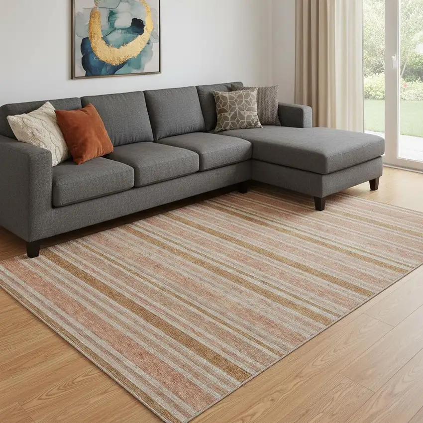 Rust And Beige Striped Washable Area Rug With UV Protection Photo 1