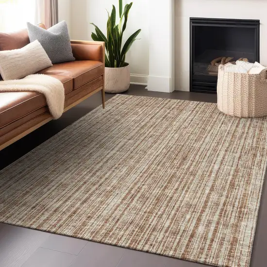 Rust And Beige Striped Washable Area Rug With UV Protection Photo 6