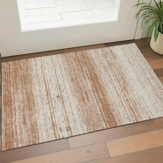 Rust And Beige Striped Washable Area Rug With UV Protection Photo 1