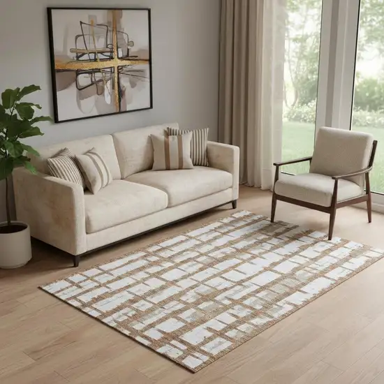 Rust And Beige Striped Washable Area Rug With UV Protection Photo 1