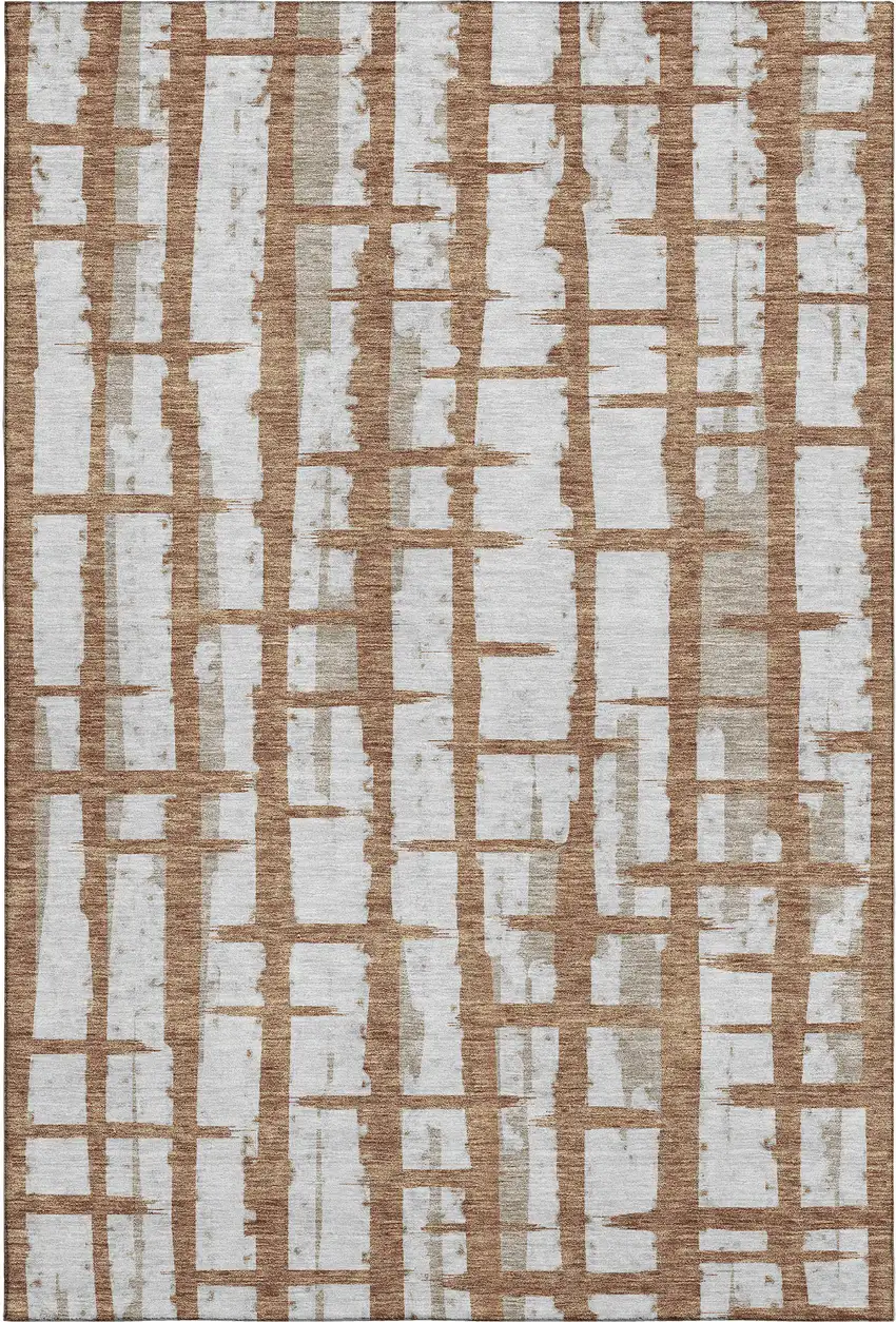 Rust And Beige Striped Washable Area Rug With UV Protection Photo 1