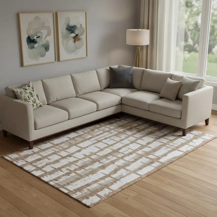 Rust And Beige Striped Washable Area Rug With UV Protection Photo 1