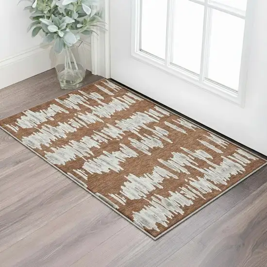 Rust And Beige Striped Washable Area Rug With UV Protection Photo 2