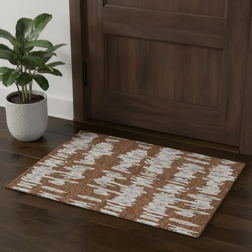 Rust And Beige Striped Washable Area Rug With UV Protection Photo 1