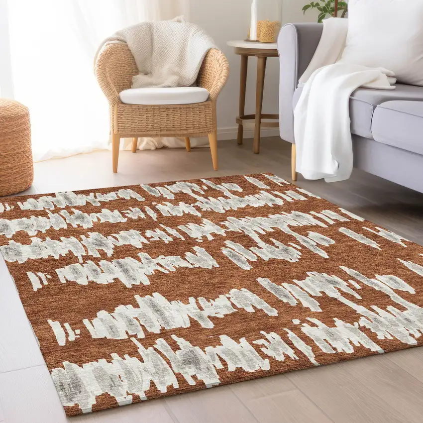 Rust And Beige Striped Washable Area Rug With UV Protection Photo 5