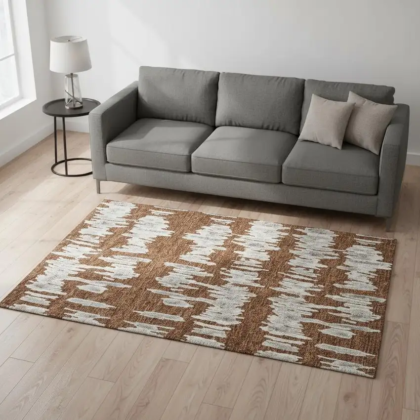 Rust And Beige Striped Washable Area Rug With UV Protection Photo 2