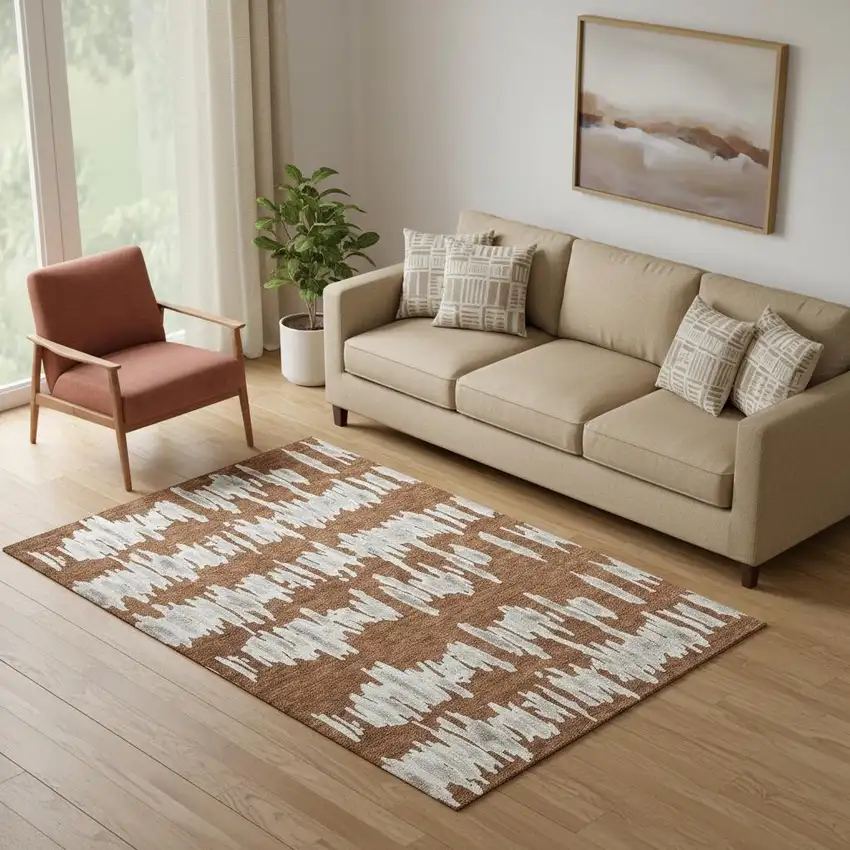 Rust And Beige Striped Washable Area Rug With UV Protection Photo 1