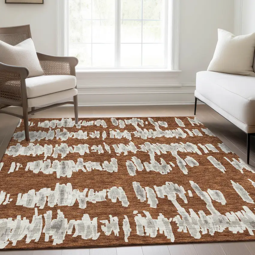Rust And Beige Striped Washable Area Rug With UV Protection Photo 6