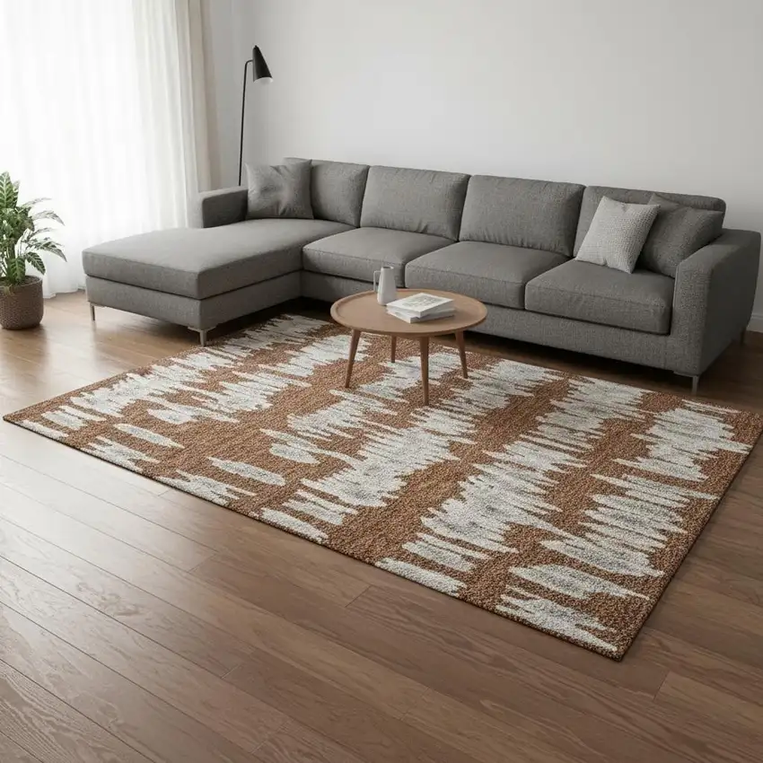 Rust And Beige Striped Washable Area Rug With UV Protection Photo 2
