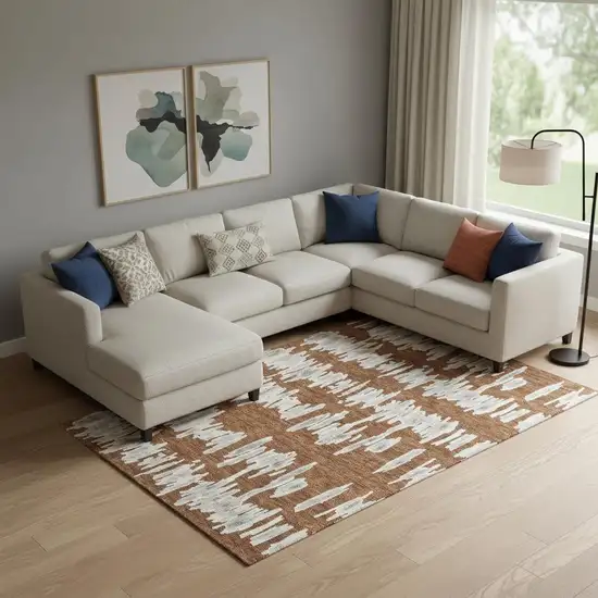 Rust And Beige Striped Washable Area Rug With UV Protection Photo 1