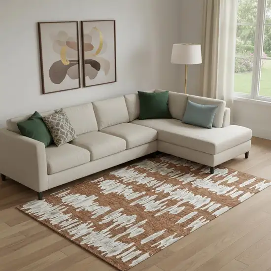 Rust And Beige Striped Washable Area Rug With UV Protection Photo 1