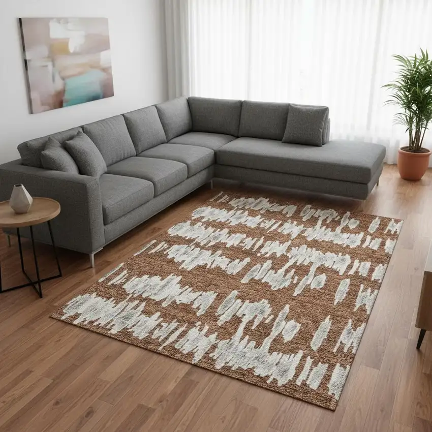 Rust And Beige Striped Washable Area Rug With UV Protection Photo 2